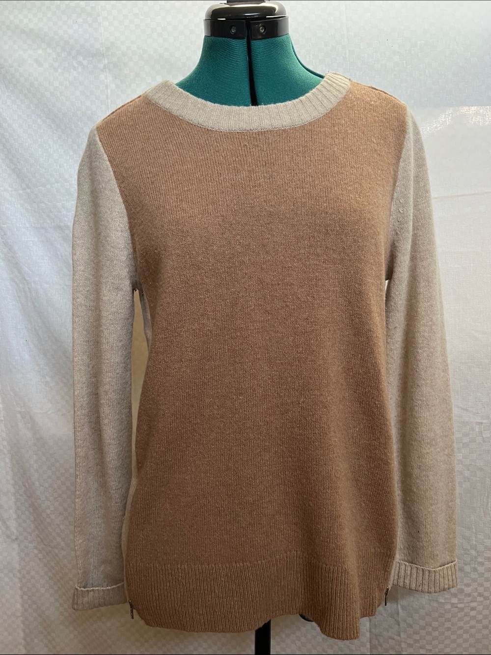 J. Crew 100% Wool Two-Tone Camel and Beige Crewneck Sweater w/Gold Accents